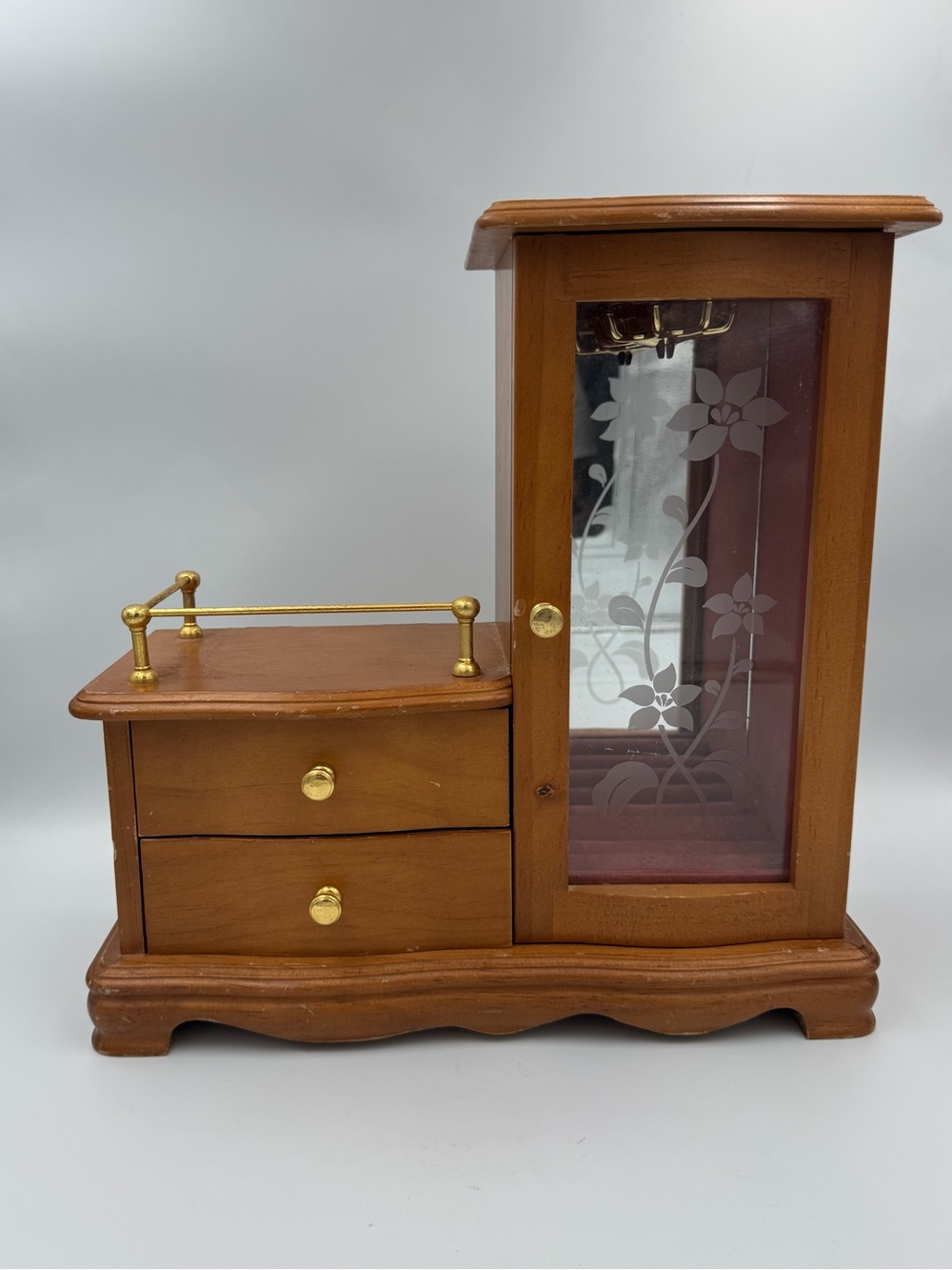 Vintage Musical Wooden Jewelry Box Armoire Etched Glass Door w 2 Drawers